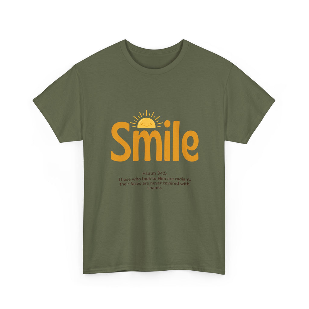 Smile T-Shirt — Sunshine Typography with Psalm 34:5 Inspirational Tee