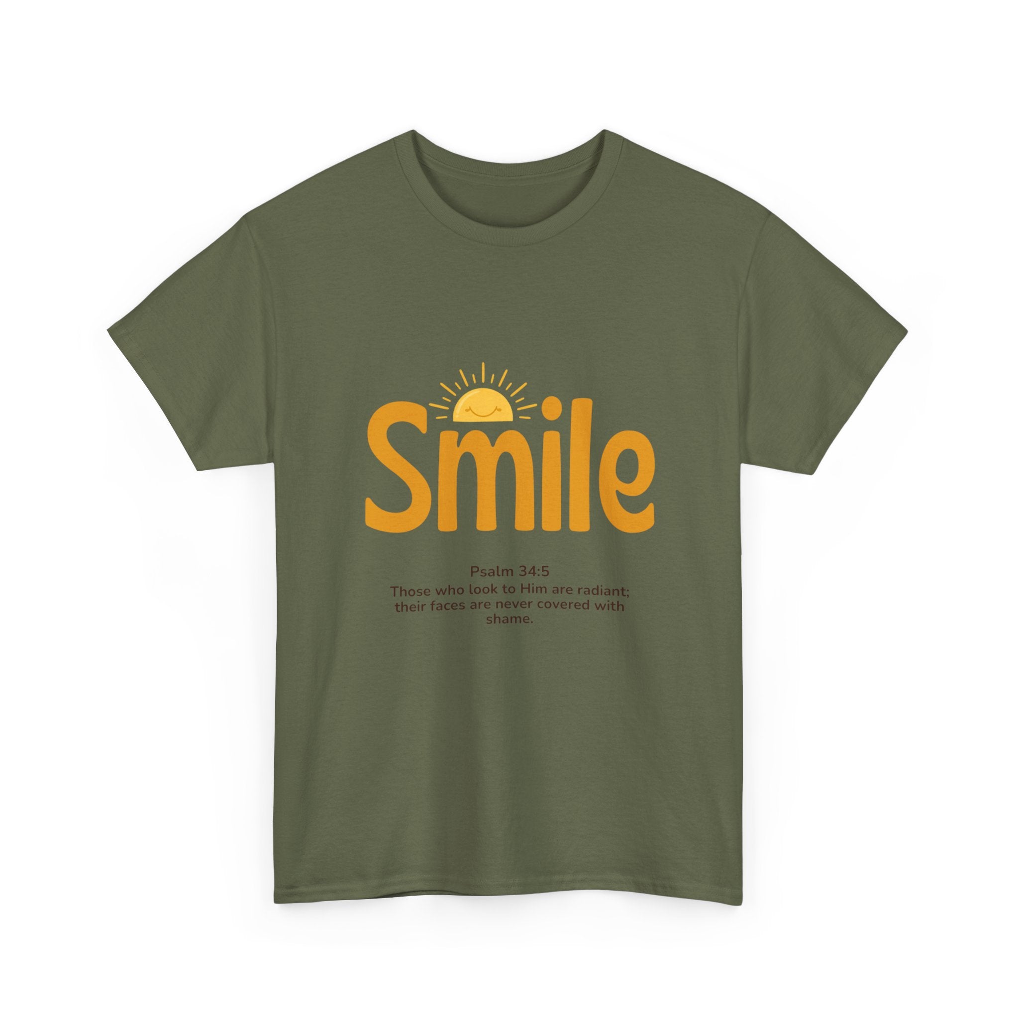 Smile T-Shirt — Sunshine Typography with Psalm 34:5 Inspirational Tee