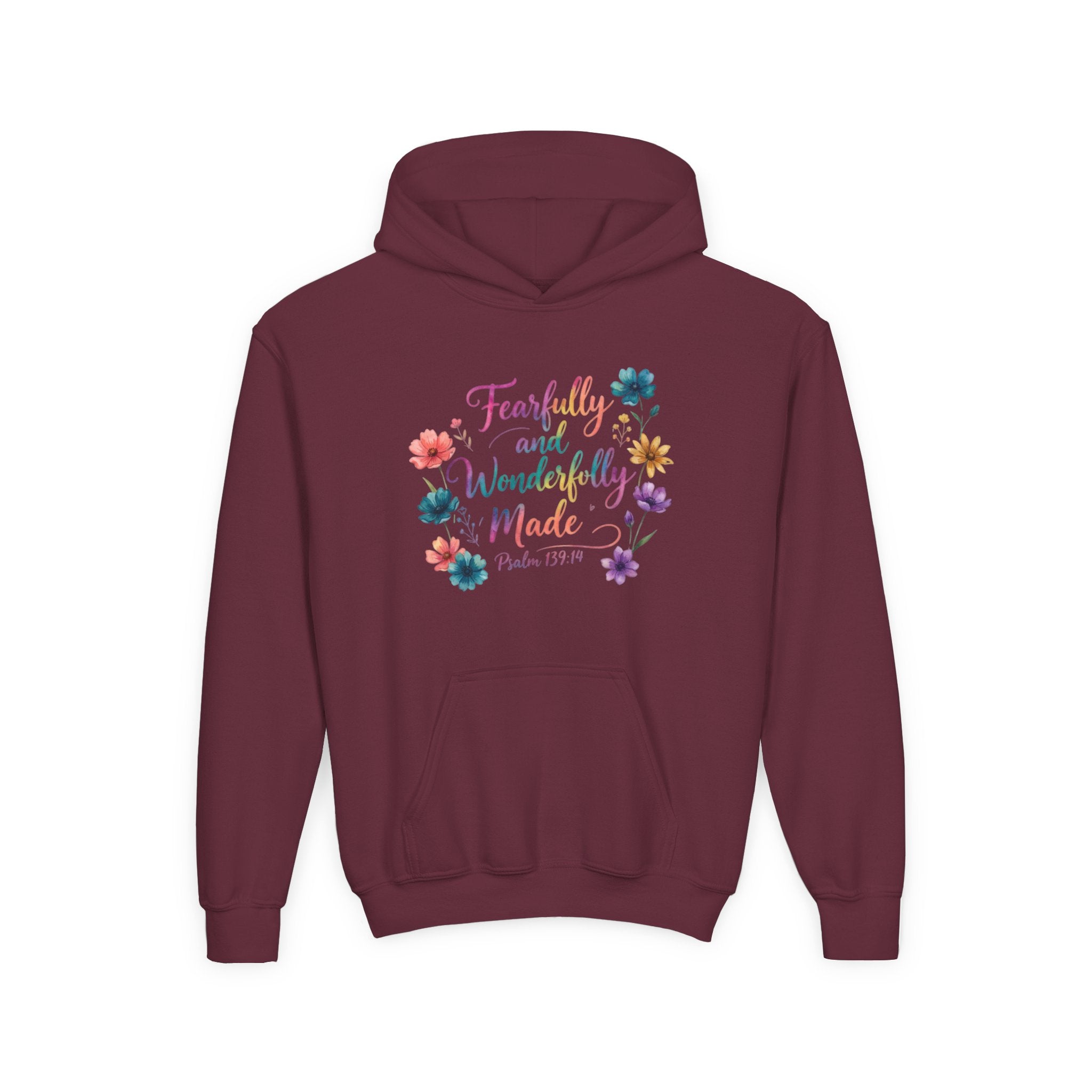 Youth Hoodie — "Fearfully and Wonderfully Made" Floral Psalm 139:14
