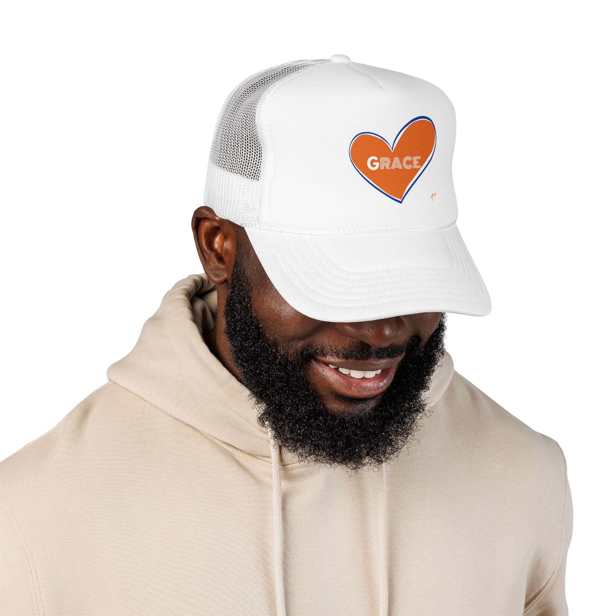 Grace Heart Trucker Hat — Orange Heart Foam Mesh Cap