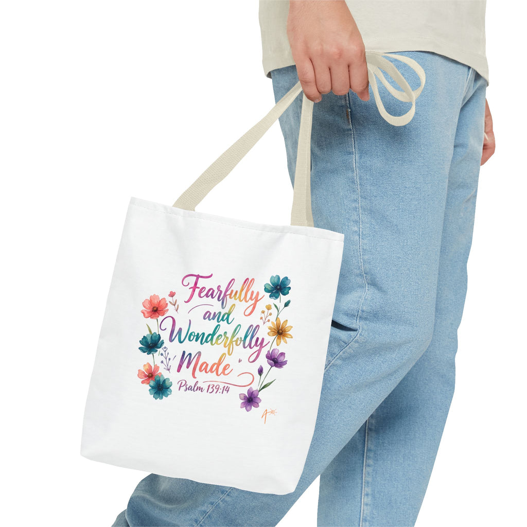 Floral Faith Tote Bag — "Fearfully and Wonderfully Made" / "My Soul Knows It Very Well" Inspirational Canvas Tote
