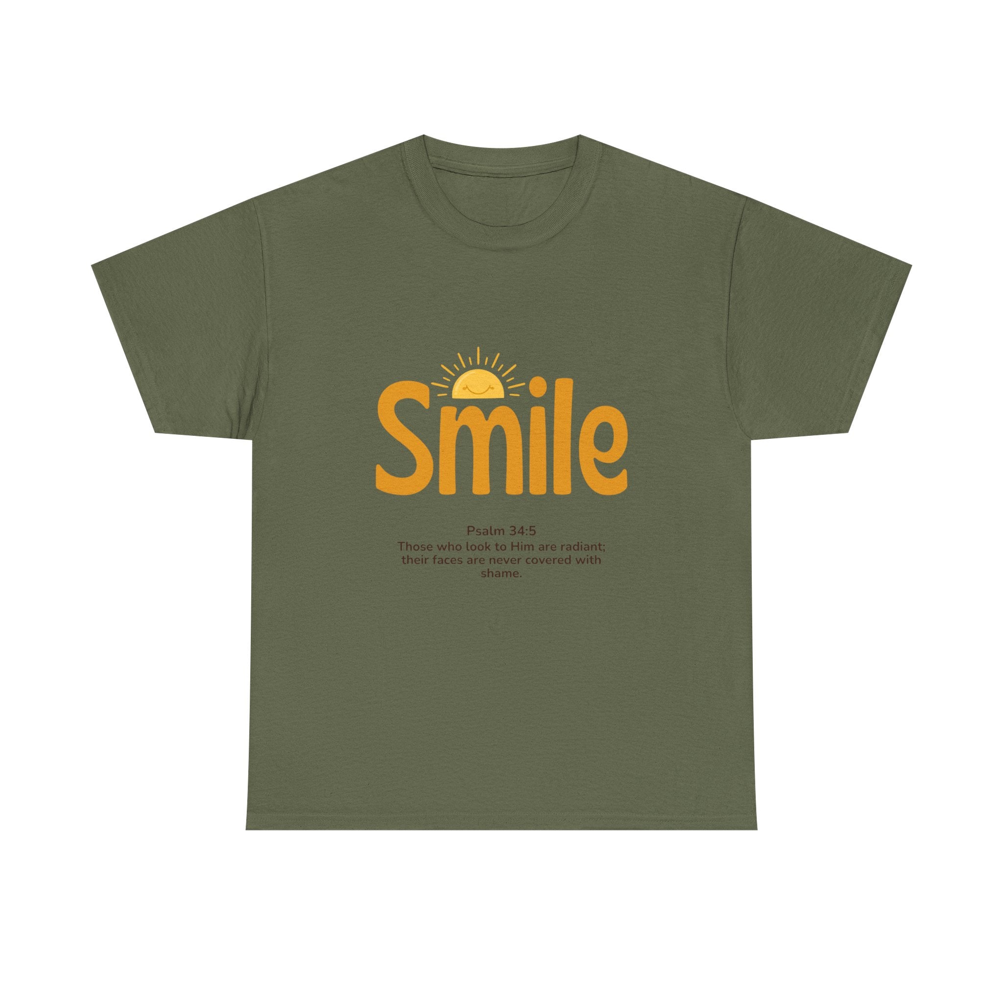 Smile T-Shirt — Sunshine Typography with Psalm 34:5 Inspirational Tee