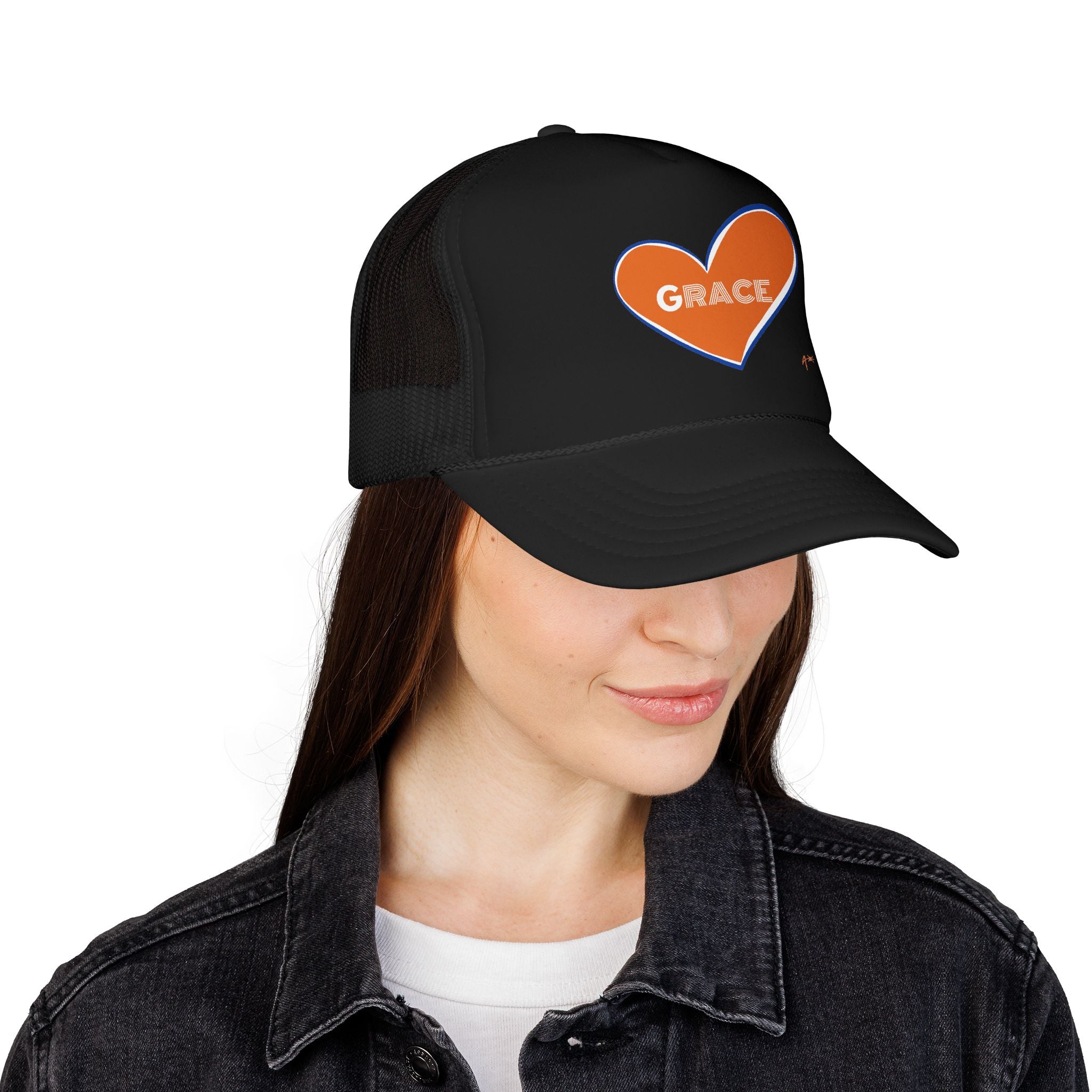 Grace Heart Trucker Hat — Orange Heart Foam Mesh Cap