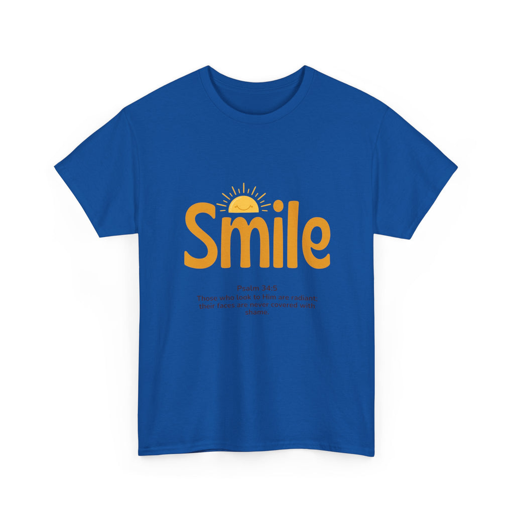 Smile T-Shirt — Sunshine Typography with Psalm 34:5 Inspirational Tee