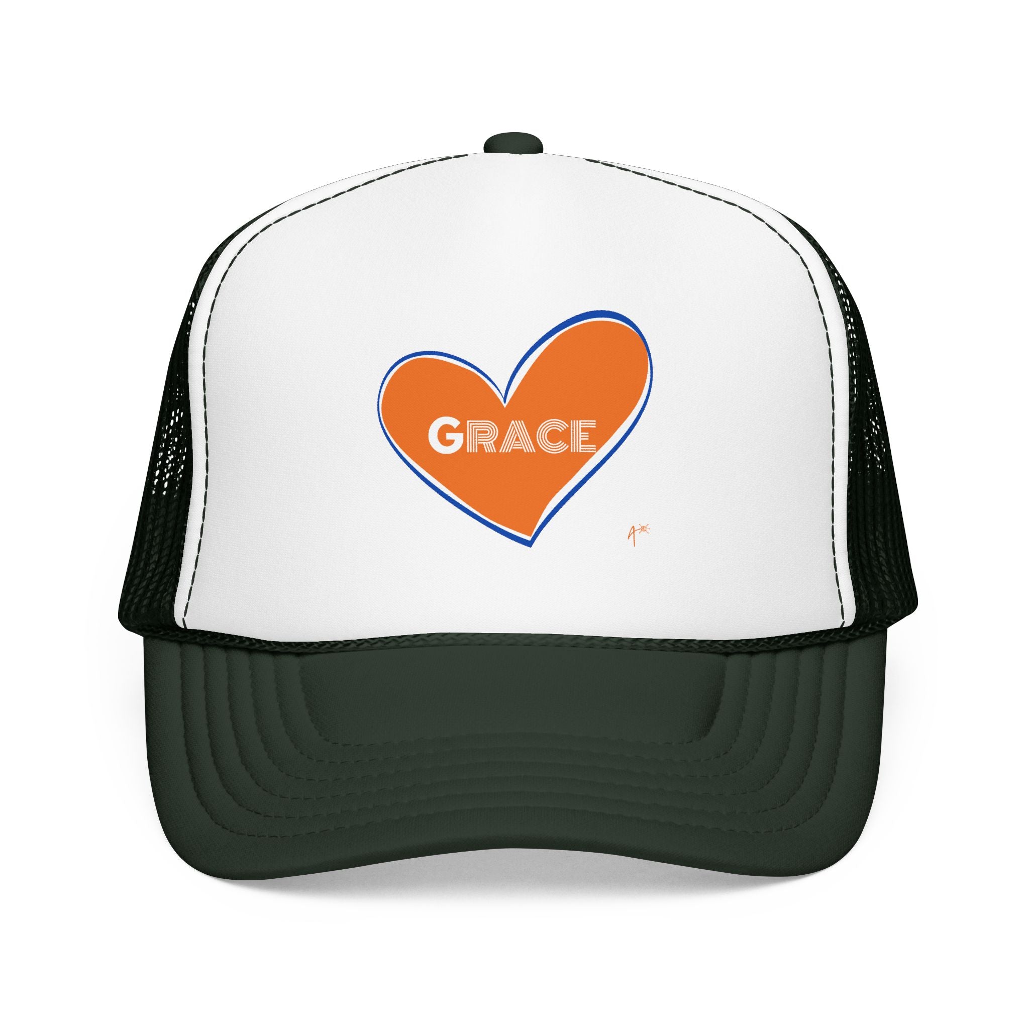 Grace Heart Trucker Hat — Orange Heart Foam Mesh Cap
