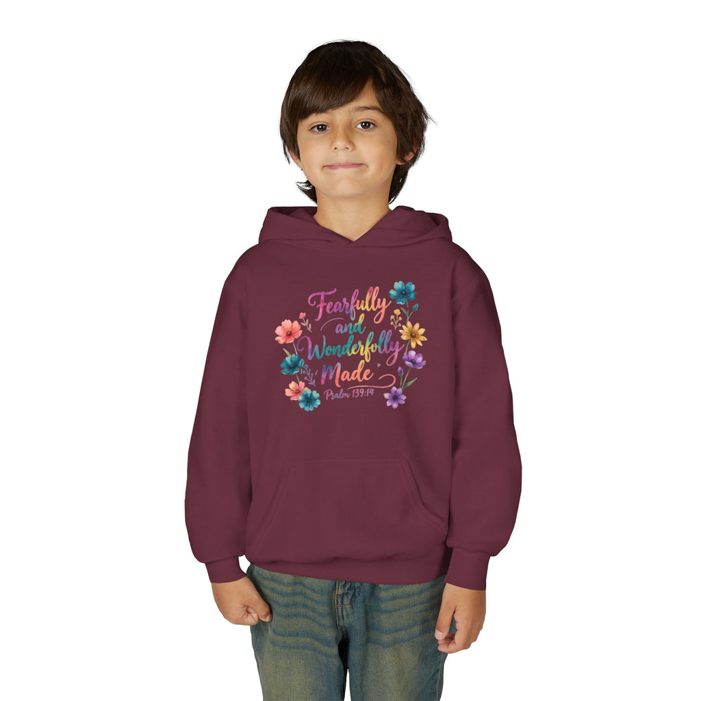 Youth Hoodie — "Fearfully and Wonderfully Made" Floral Psalm 139:14